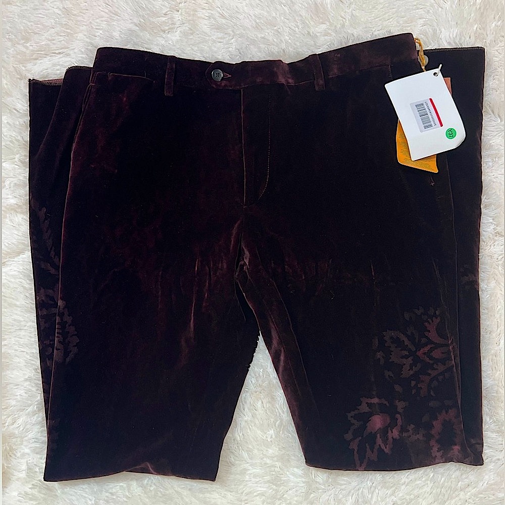 Etro Velvet Garment with Rich Maroon Hue Floral Accent Luxury Mens Pants